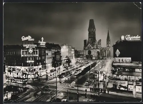 AK Berlin-Charlottenburg, Kurfürstendamm, Kaiser-Wilhelm-Gedächtniskirche, Funkenhaus, Nachtaufnahme