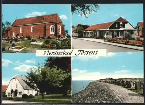 AK Tossens, Kirche, Deichpromenade, Strassenansicht