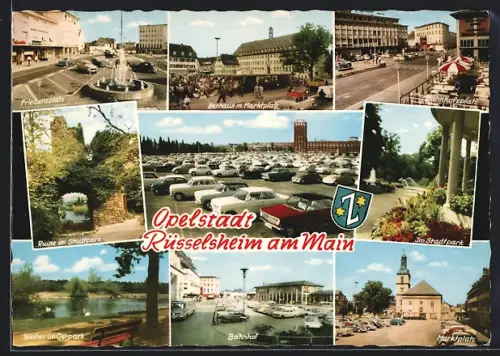 AK Rüsselsheim am Main, Rathaus am Marktplatz, Bahnhof, Stadtpark