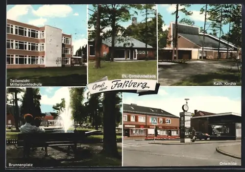 AK Fassberg, Teilansicht Mittelpunktschule, Ev. Gemeindehaus, Kath. Kirche, Brunnenplatz, Ortsmitte