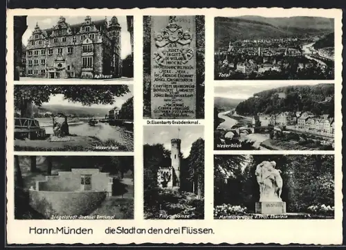 AK Hann. Münden, Rathaus, Weserstein, Dr. Eisenbarts Grabdenkmal, Tillyschanze, Weserblick