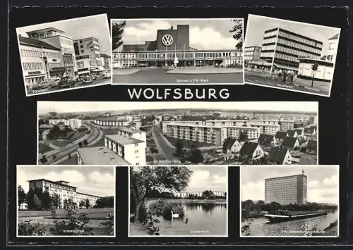 AK Wolfsburg, Bahnhof VW-Werk, Rathaus, Krankenhaus, Schillerteich, VW-Verwaltungsgebäude