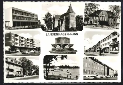AK Langenhagen /Hann., Kirche, Rathaus, Wohnhäuser, Schwimmbad, Brunnen