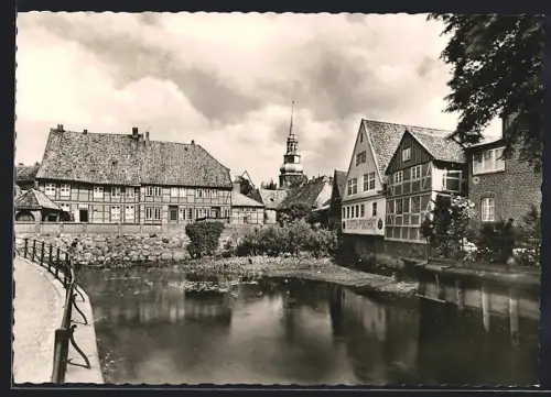AK Stade /Elbe, An der Börne, Fachwerkhäuser, Kirche