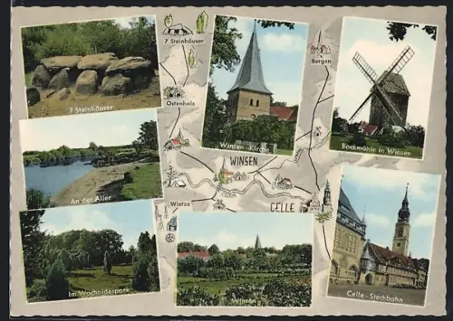 AK Winsen / Aller, Kirche, 7 Steinhäuser, Bockmühle, an der Aller, Wacholderpark