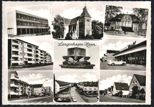 AK Langenhagen /Hann., Kirche, Rathaus, Wohnhäuser, Brunnen