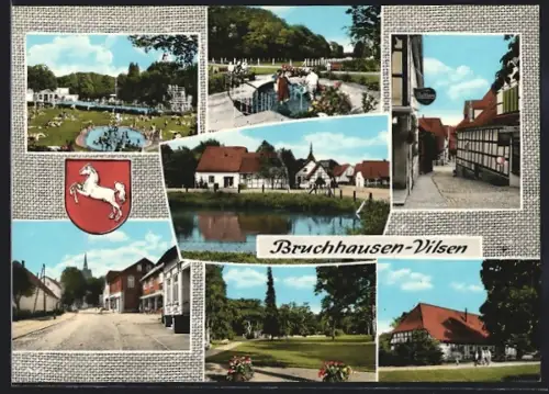AK Bruchhausen-Vilsen, Verschiedene Ortsansichten mit Park, Fachwerkhäusern und Strassenansicht
