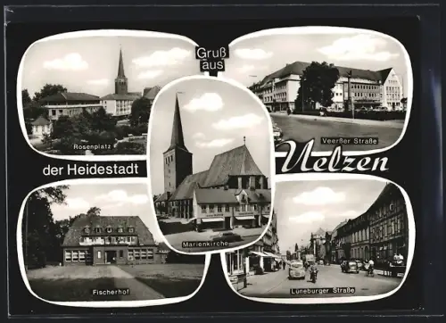 AK Uelzen, Rosenplatz, Marienkirche, Lüneburger Strasse