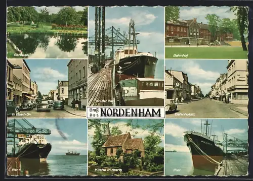 AK Nordenham, Bahnhof, Pier, Kirche in Atens