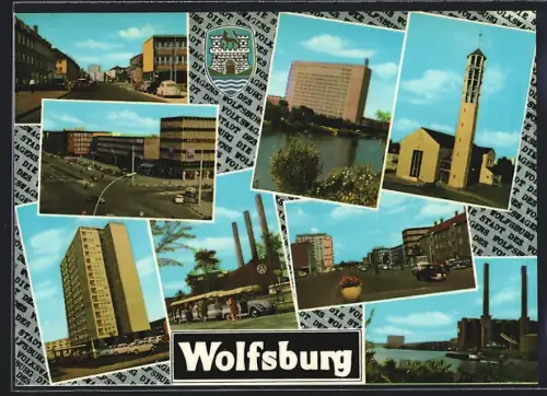AK Wolfsburg, Verschiedene Stadtansichten, Volkswagenwerk, Hochhäuser, Kirche