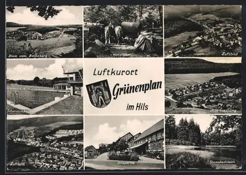 AK Grünenplan im Hils, Blick vom Bocksberg, Schwimmbad, Ortspartie