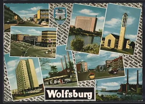 AK Wolfsburg, Verschiedene Stadtansichten, Volkswagenwerk, Hochhaus, Kirche