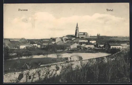 AK Pannes, Vue du village avec l`église et le lac au premier plan