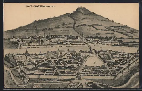 Künstler-AK Pont-à-Mousson, Vue de la ville et de la colline vers 1750
