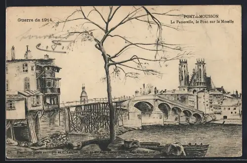AK Pont-à-Mousson, La Passerelle, le Pont sur la Moselle pendant la guerre de 1914