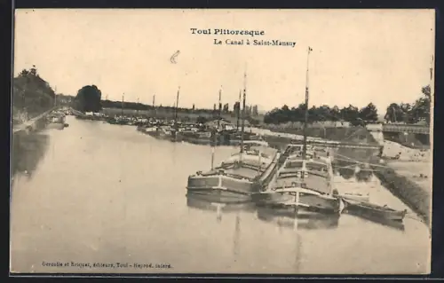 AK Toul, Le Canal à Saint-Mansuy avec bateaux amarrés