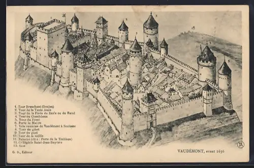 Künstler-AK Vaudémont, Vue du château avant 1636 avec tours et fortifications détaillées