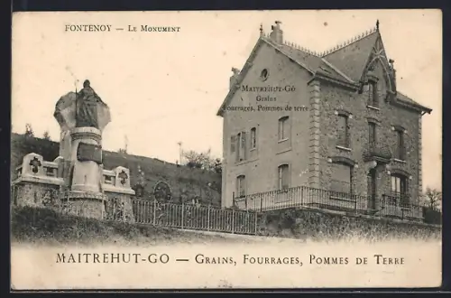 AK Fontenoy, Le Monument et bâtiment Maitrehut-Go, Grains, Fourrages, Pommes de Terre