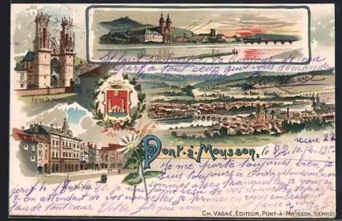 Lithographie Pont-à-Mousson, Multiples vues de la ville avec église Saint-Martin