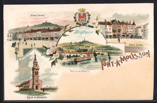 Lithographie Pont-à-Mousson, Place Duroc et vue sur la Moselle avec l`église de Mousson