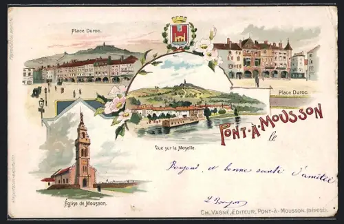 Lithographie Pont-à-Mousson, Place Duroc, Vue sur la Moselle, Église de Mousson