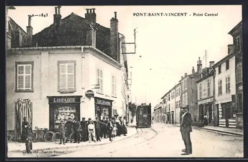 AK Pont-Saint-Vincent, Point Central avec librairie et tramway