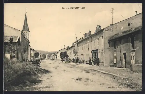 AK Montauville, Rue principale avec église et café