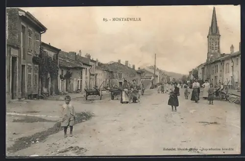 AK Montauville, Scène de rue animée avec l`église en arrière-plan