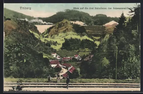 AK Triberg, Blick auf die drei Bahnlinien der Schwarzwaldbahn
