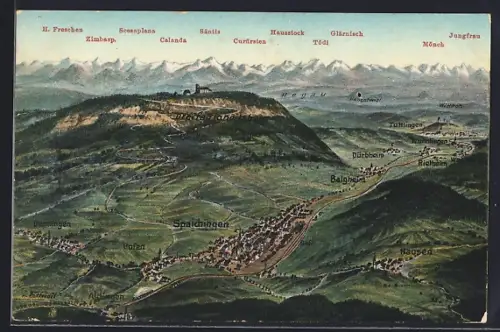 Künstler-AK Spaichingen, Stadtansicht mit Dreifaltigkeitsberg und Alpenpanorama