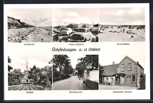 AK Schönhagen a. d. Ostsee, Steilküste, Haus Seestern, Gasthaus Hansen, Schloss, Strandleben