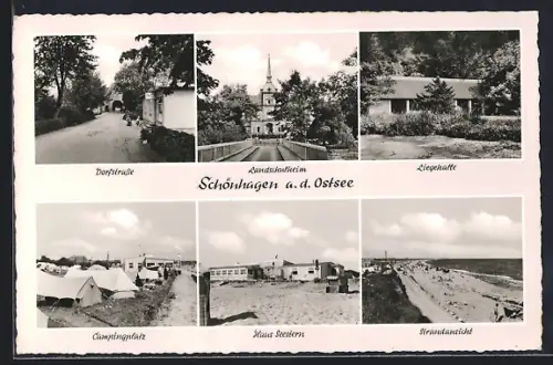 AK Schönhagen a. d. Ostsee, Dorfstrasse, Strandansicht, Haus Seestern, Campingplatz, Liegehalle