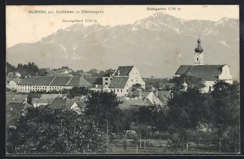 AK Murnau am Staffelsee, Ortsansicht mit Kirche und Alpenpanorama