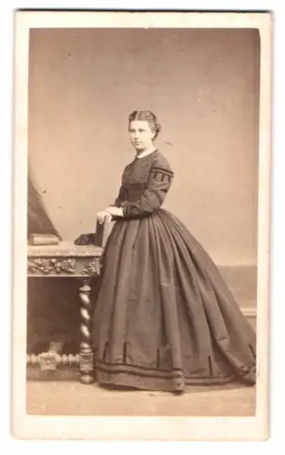 Fotografie Heer-Tschudi, Lausanne, Rue St Francois 20, elegante Dame in einem prachtvollen Kleid