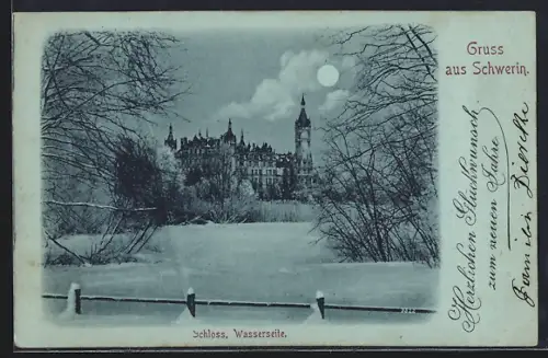Mondschein-AK Schwerin / Mecklenburg, Schloss, Wasserseite im Winter
