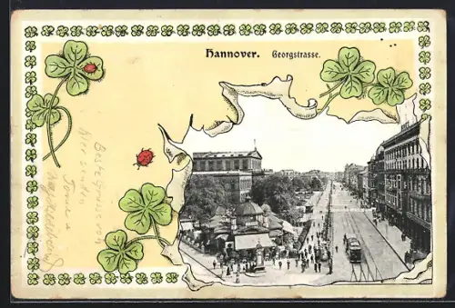 AK Hannover, Georgstrasse mit Strassenbahn, Kleeblätter