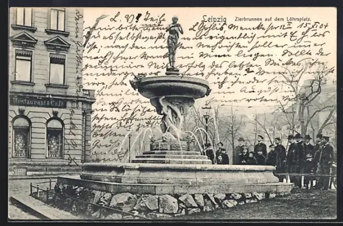 AK Leipzig, Zierbrunnen auf dem Löhnrplatz, Restaurant & Café