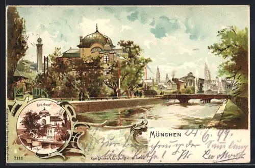 Lithographie München, Gasthof Isarlust, Flusspartie mit Brücke