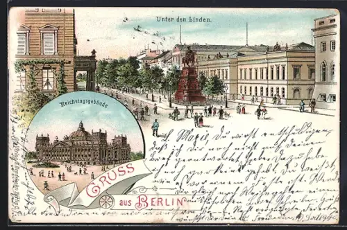 Lithographie Berlin, Unter den Linden, Reichstagsgebäude