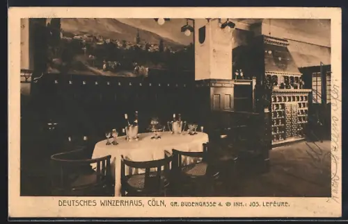 AK Köln, Gasthaus Deutsches Winzerhaus in der Gr. Budengasse 4, Inh. Jos. Lefèvre