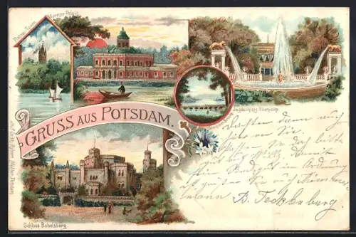 Lithographie Potsdam, Schloss Babelsberg, Marmor Palais, Jagdschloss Glienicke