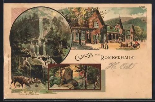 Lithographie Romkerhalle, Gasthaus, Romkerhaller Wasserfall