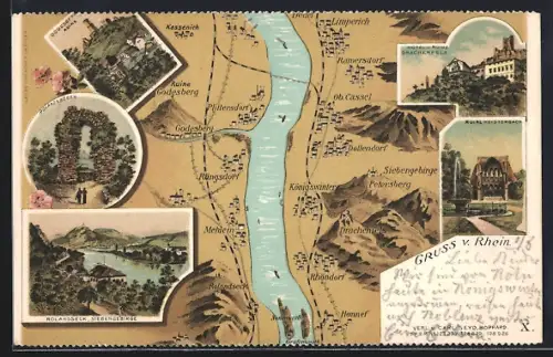 Lithographie Königswinter /Rhein, Drachenfels, Godesberg, Mehlem, Karte der Umgebung