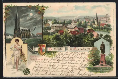 Lithographie Pforzheim, Evangelische Stadtkirche, Stadtansicht, Kaiser Wilhelm I. Denkmal