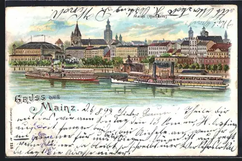 Lithographie Mainz /Rhein, Stadtansicht von der Rheinseite