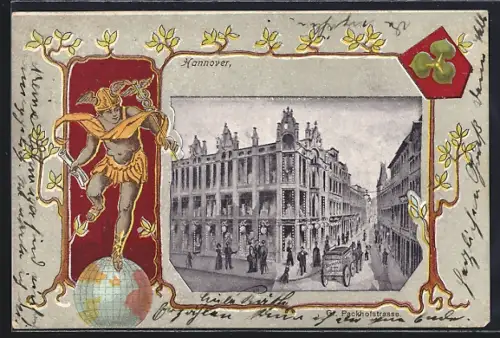 Lithographie Hannover, Gr. Packhofstrasse, Hermes auf dem Erdball