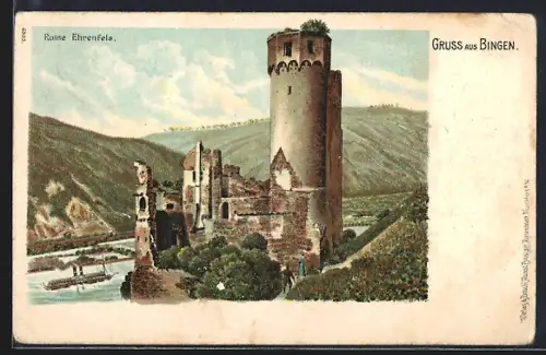 Lithographie Bingen / Rhein, Ruine Ehrenfels