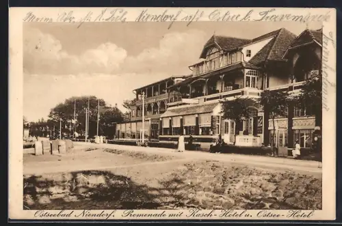 AK Niendorf / Ostseebad, Promenade mit Kasch-Hotel und Ostsee-Hotel