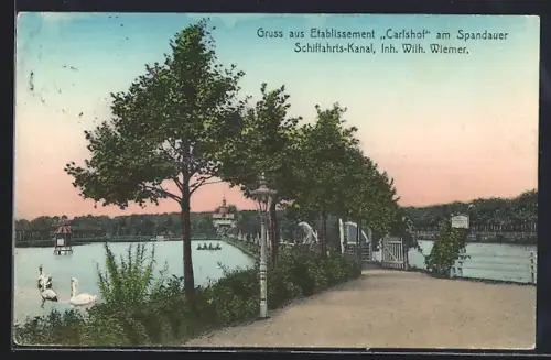 AK Berlin-Charlottenburg, Gasthaus Carlshof am Spandauer Schifffahrts-Kanal, Inh. Wilh. Wiemer