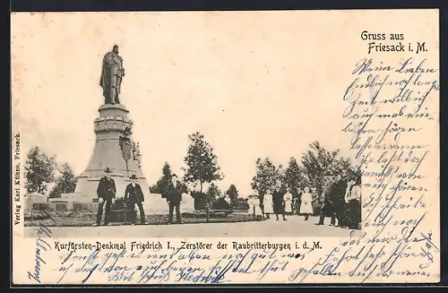 AK Friesack i. M., Kurfürsten-Denkmal Friedrich I., Zerstörer der Raubritterburgen